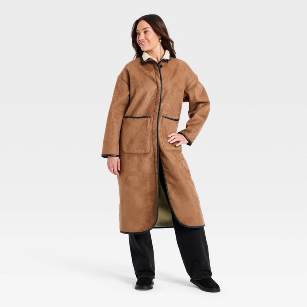 Women's Faux Suede Long Coat - Universal Thread Tan L